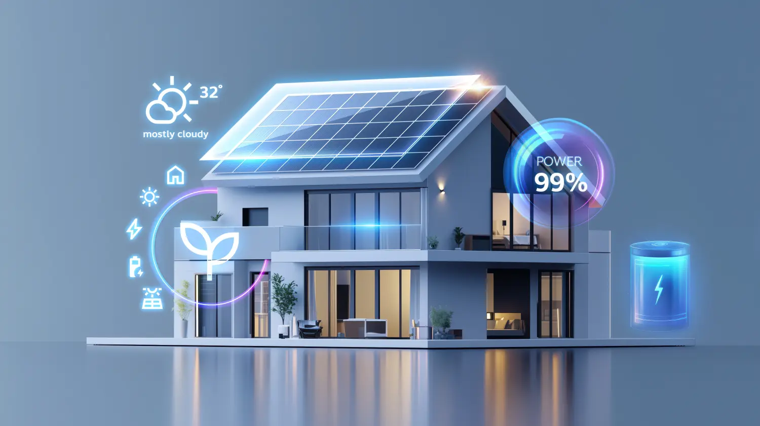 Futuristisches intelligentes Haus mit hochmoderner Solaranlage auf dem Dach: Umweltfreundliches Wohnen und erneuerbare Energietechnik in moderner, nachhaltiger Architektur.