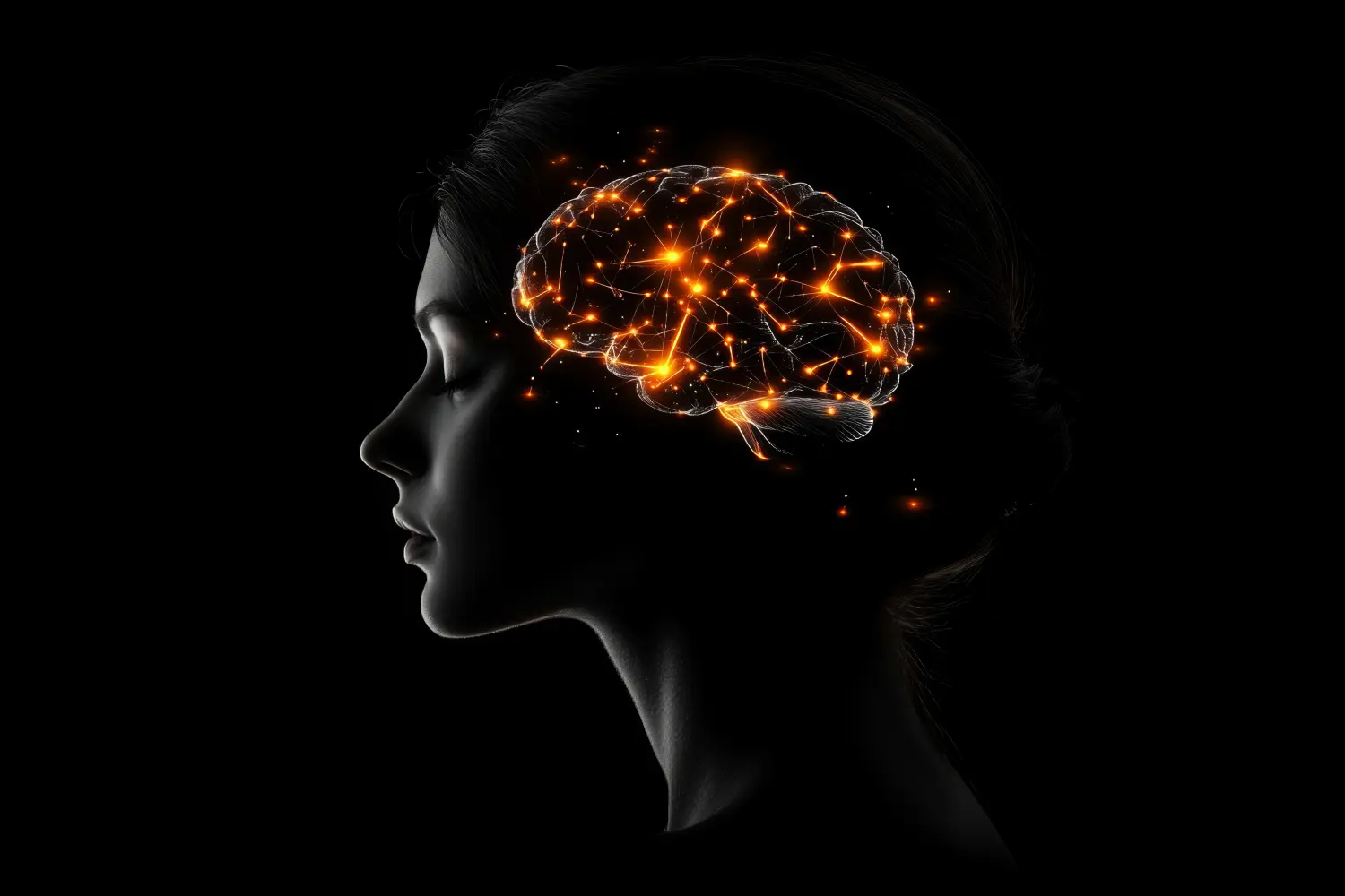 Eine Frau in Trance mit einem leuchtenden Gehirn und neuronalen Verbindungen, die geistiges Denken und menschliches Bewusstsein darstellen 
